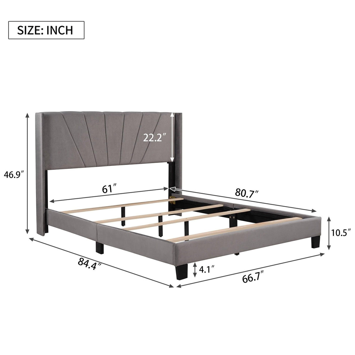 Queen Size Velvet Upholstered Platform Bed, Box Spring Needed Grey