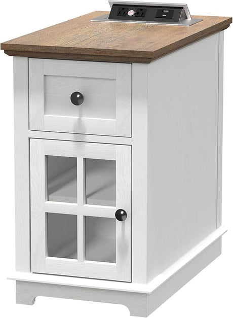 Narrow End Table with Drawer, Storage Side Table with Flip Top Fast Charging Station