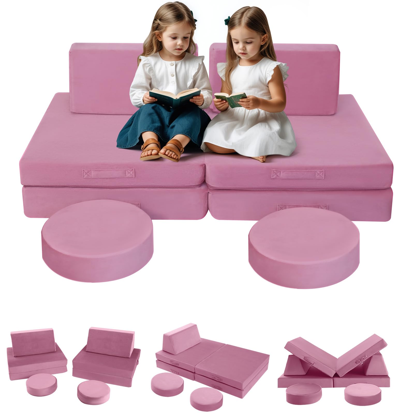 8-Piece Modular Kids Play Couch Sofa – Pink Convertible Toddler Couch for Playroom