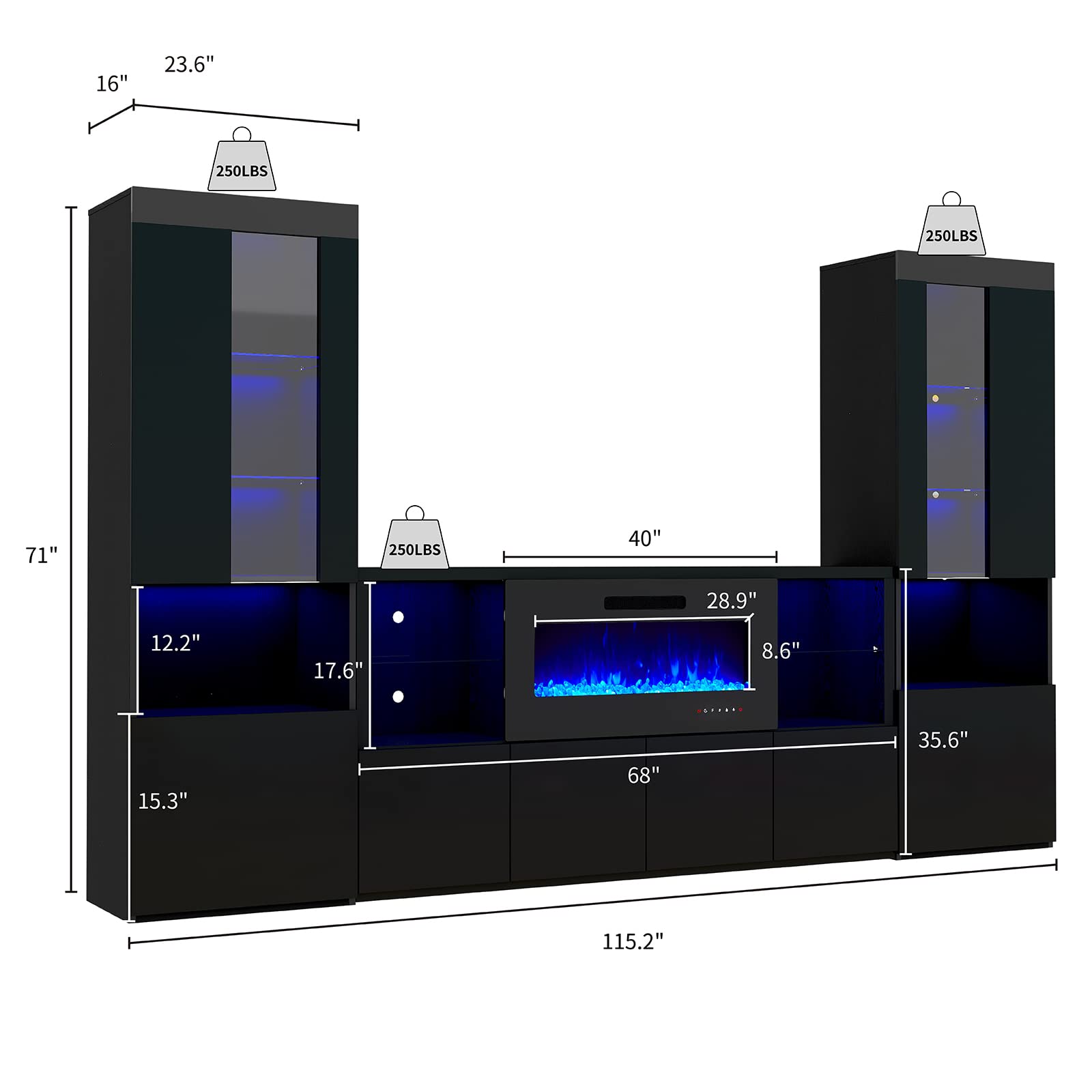 3 Piece Modern High Gloss Fireplace TV Stand + Bookcase Set