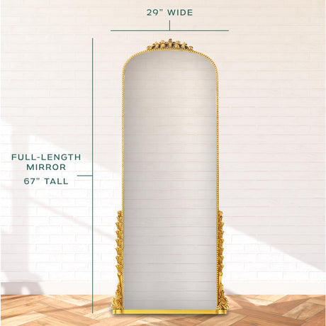 Full Length Gold Large Floor Mirror with Polyurethane Frame | Vintage Gold Baroque Style Full Body Mirror with Ornate Scrollwork Leafing and MDF Backing | 67" x 29"