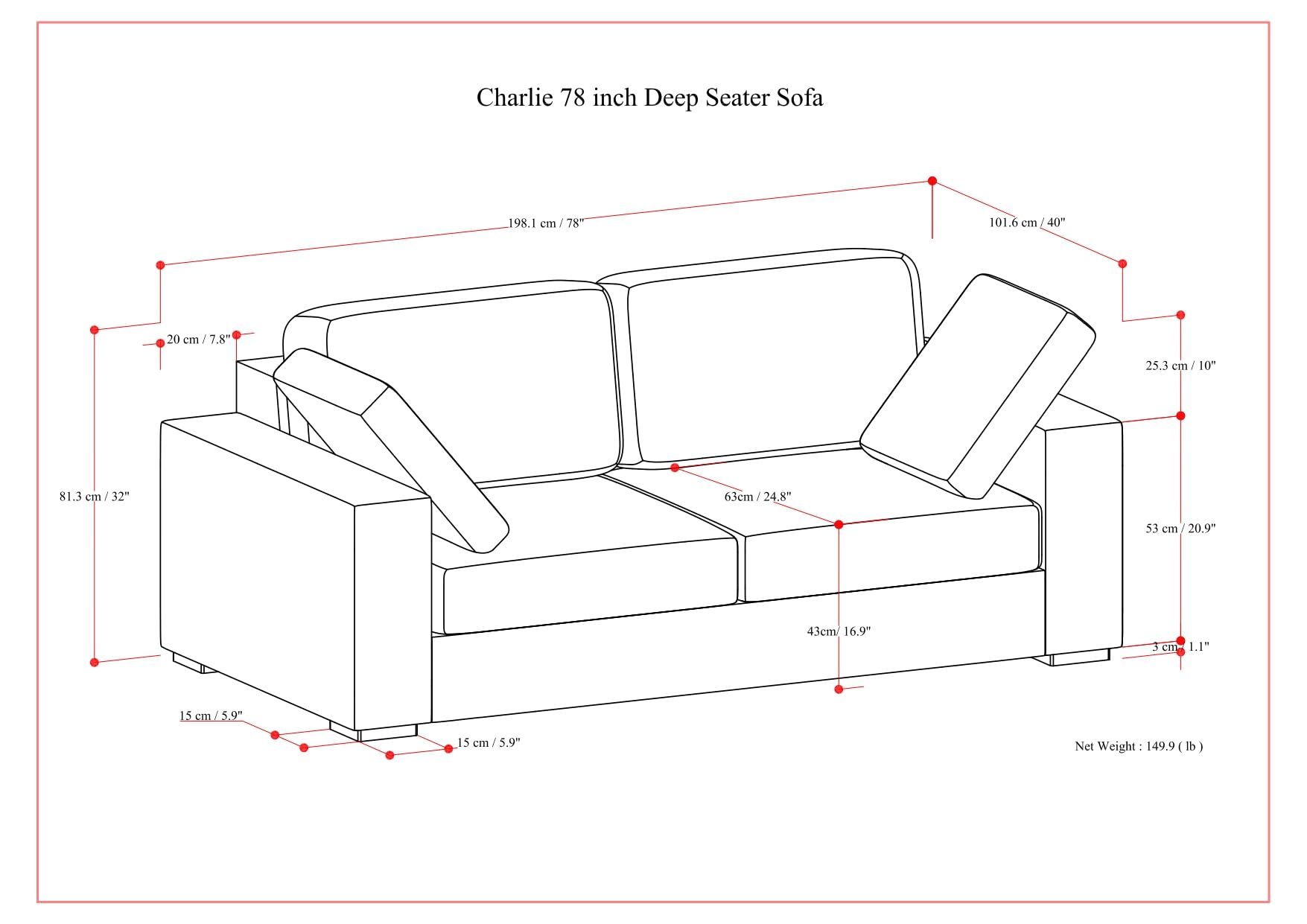Charlie Sofa in 100% Recycled Polyester Tightly Woven Performance Fabric, Pebble Grey,