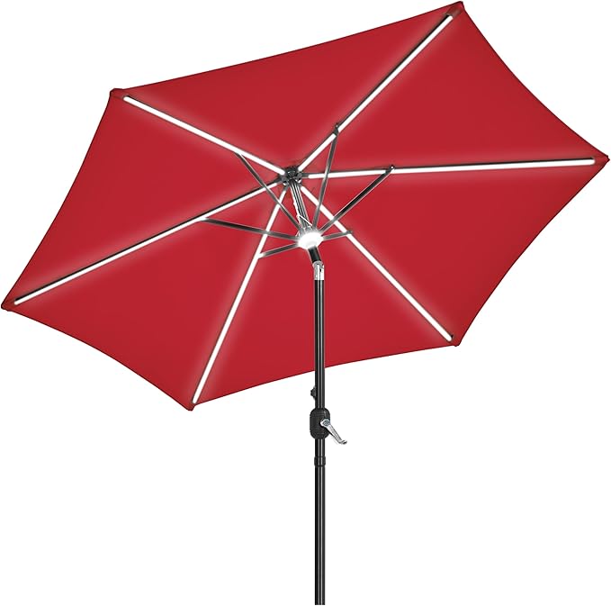 9FT Solar Lighted Patio Umbrella Large Outdoor Umbrella with Strip Lights & Hub Light