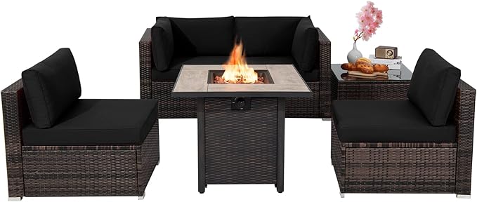 6 Piece Outdoor Rattan Sofa Set with 30in Propane Gas Fire Table