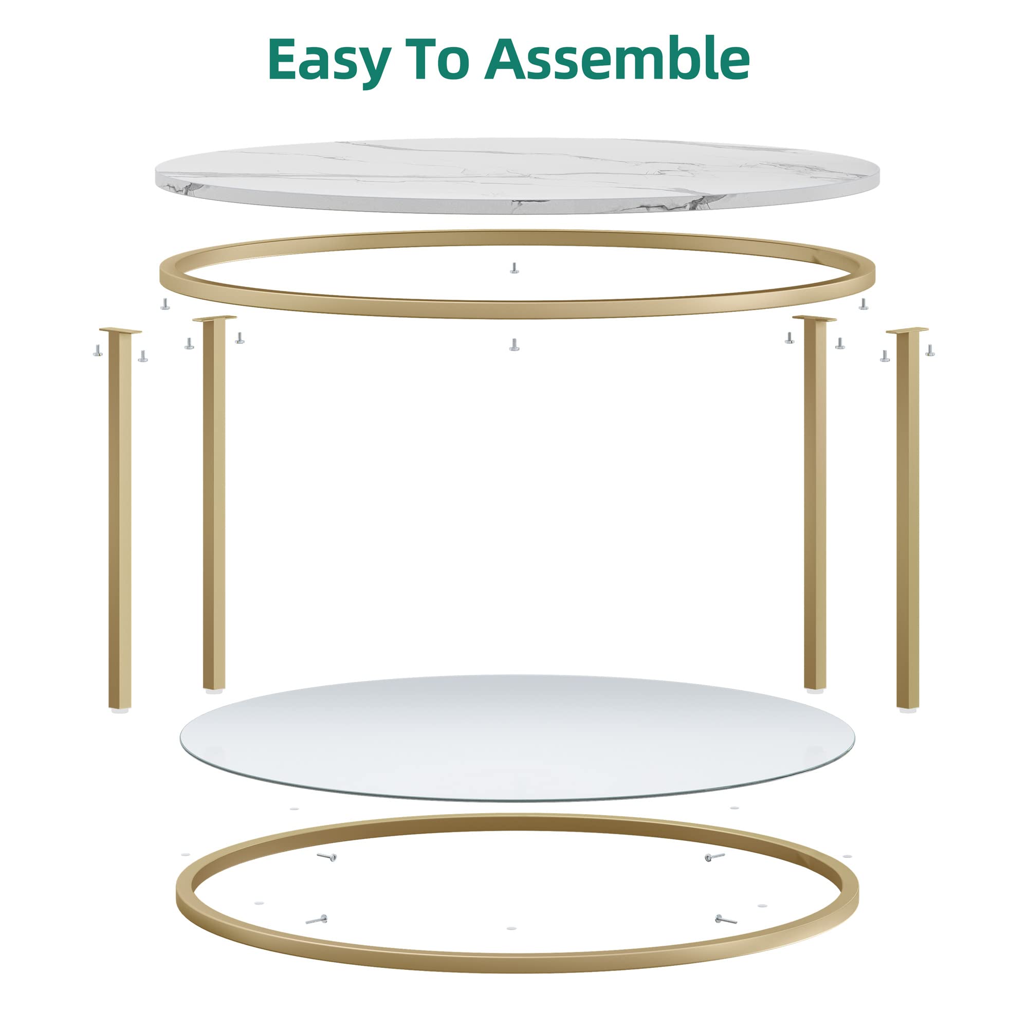 White Marble Round Coffee Table with Glass for Living Room, 2-Tier Circle Coffee Table