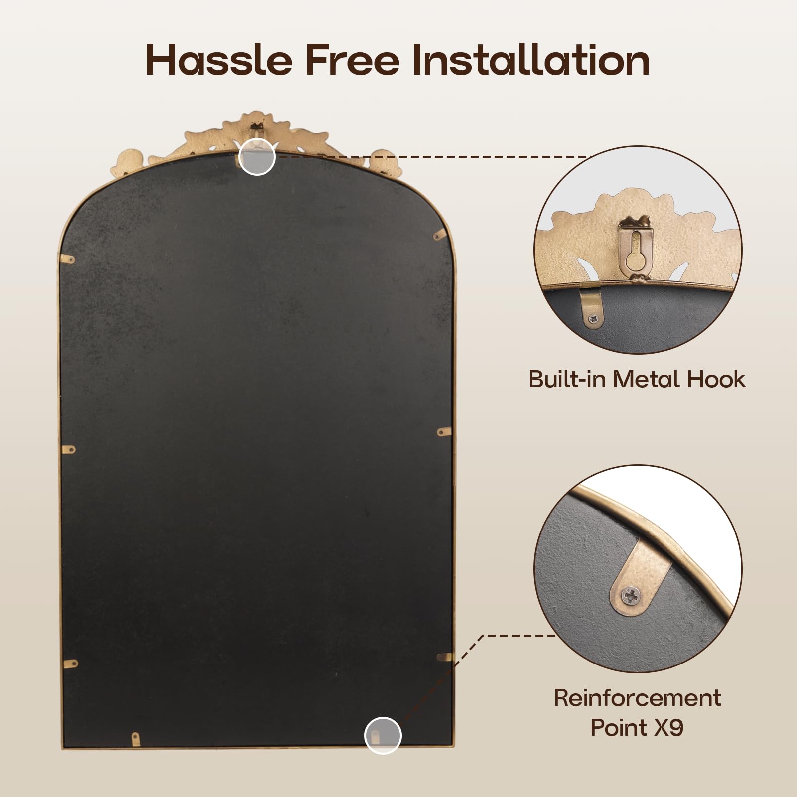 19" x 31" Gold Baroque Arched Wall Mirror