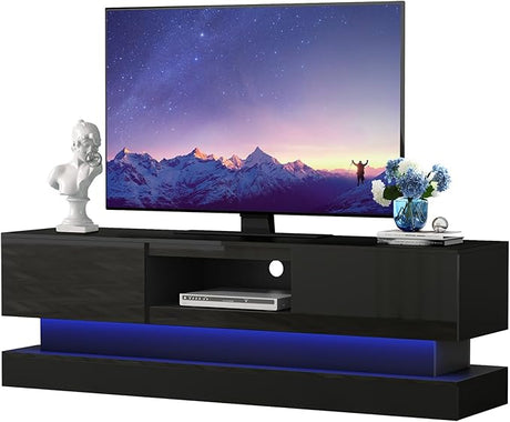 Modern TV Stand Glossy White - TV Console with Led Lights and Storage Drawers