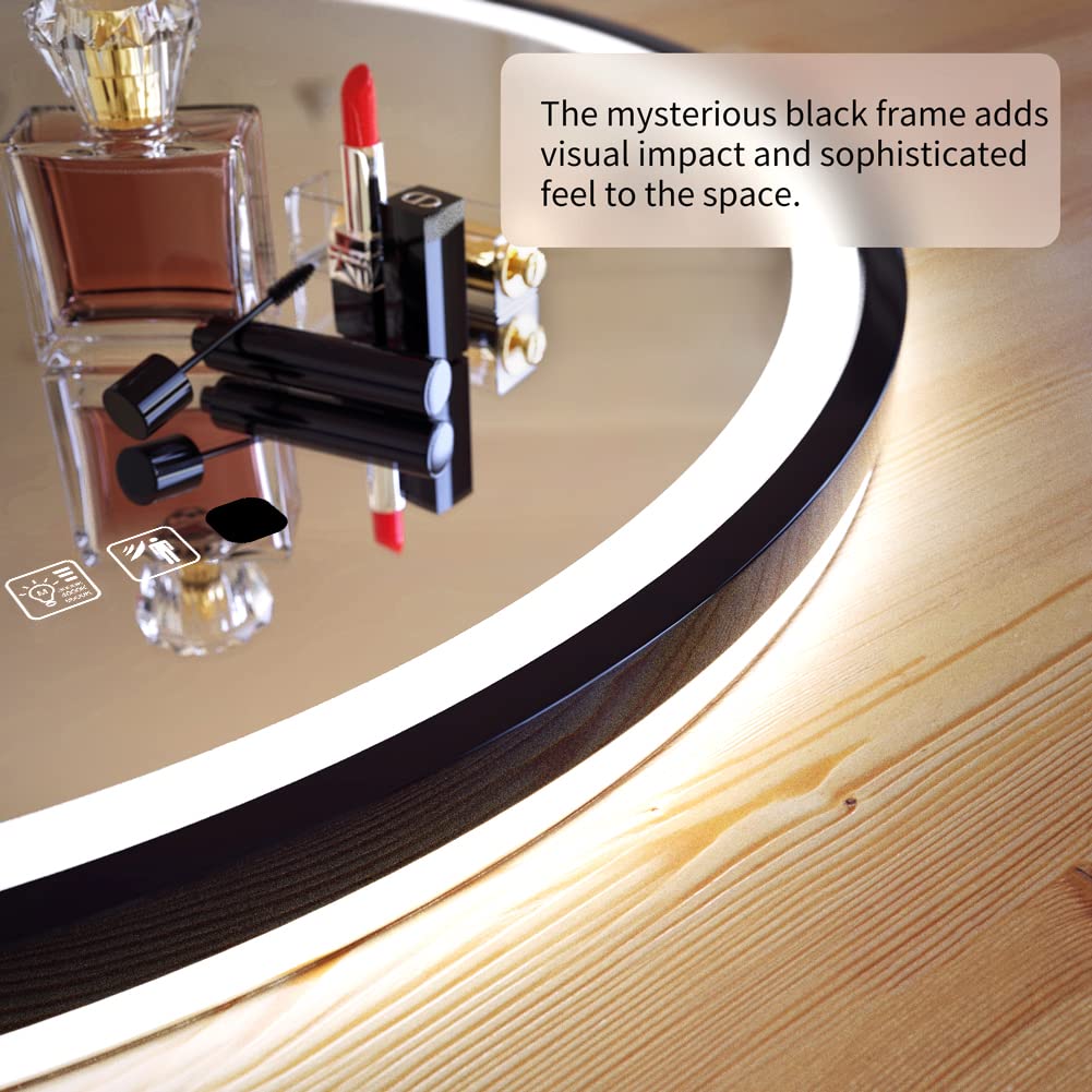 Round LED Sensor Mirror with Dimmable Anti-Fog - 28" Black Frame