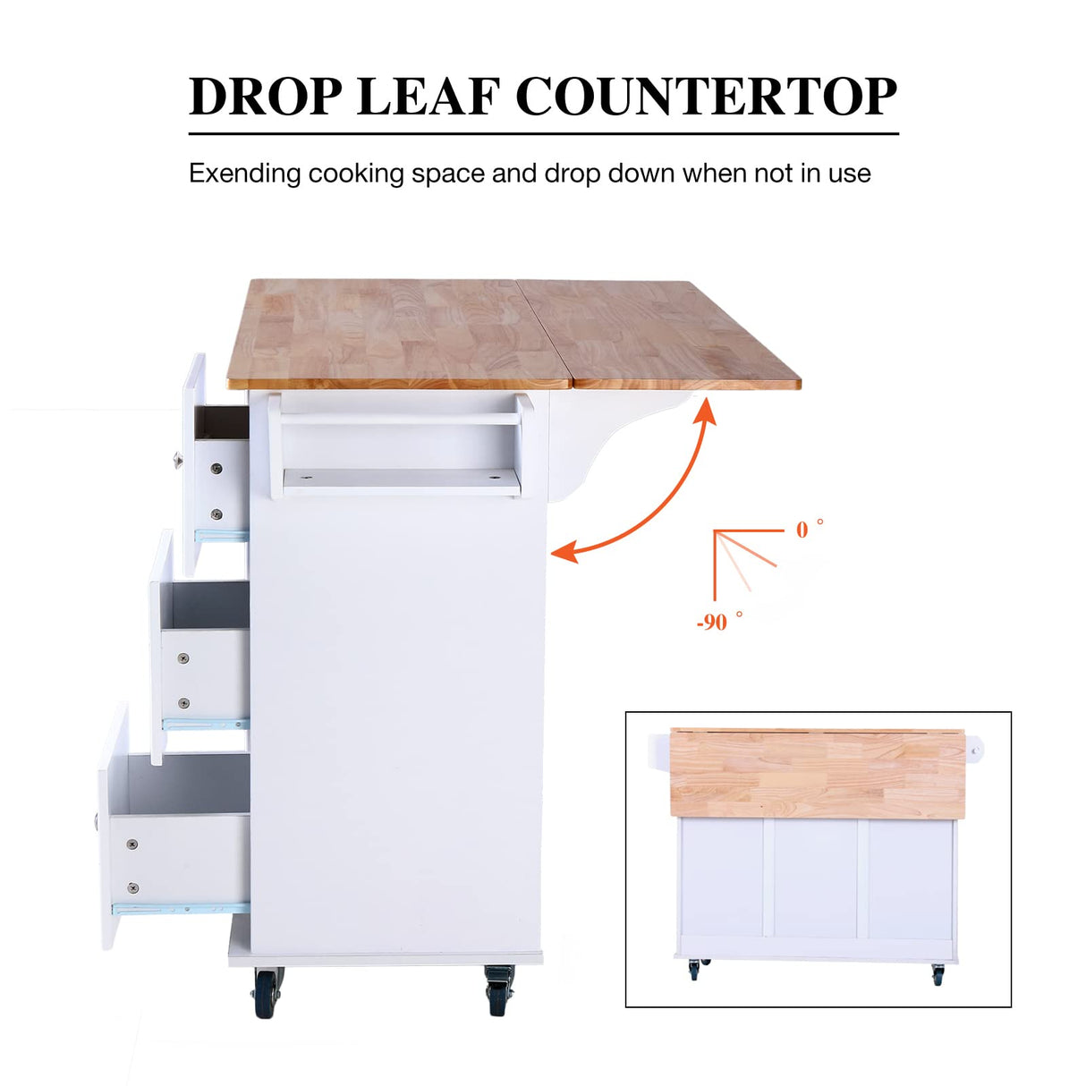 Kitchen Island Cart on Wheels - Portable Kitchen Island with Drop Leaf