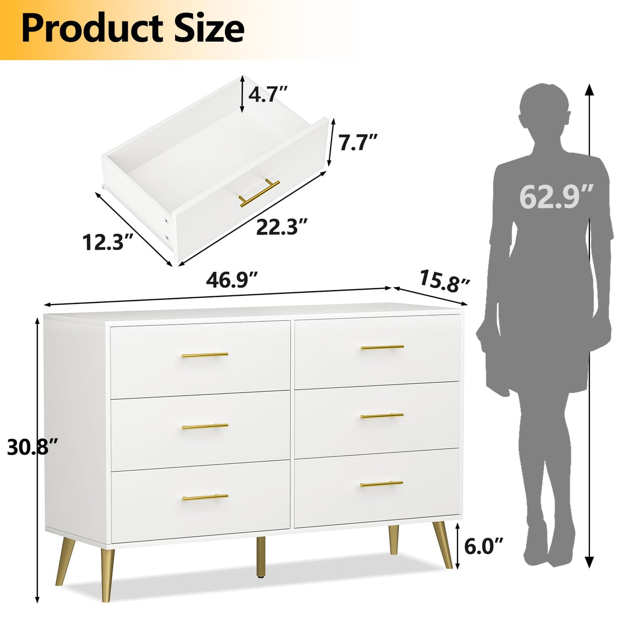 FURNIWAY White Dresser for Bedroom, 6 Drawer Dresser with Wide Drawer and Metal Handles, Wood Dressers & Chests of Drawers