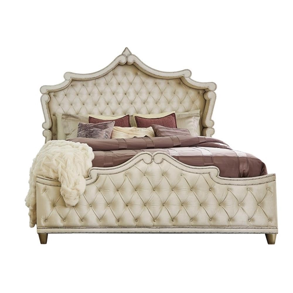 4-Piece Eastern King Upholstered Velvet Bedroom Set Ivory