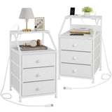 Nightstand Set of 2, White Night Stands with Charging Station, Bedside Tables with 3