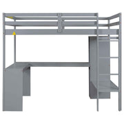 Full Size Loft Bed with Storage Shelves and Hanging Rod, Wooden Highloft Bedframe