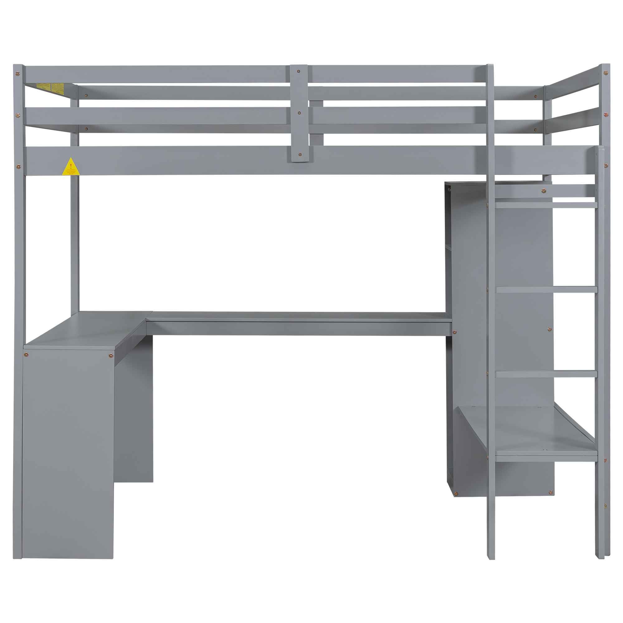 Full Size Loft Bed with Storage Shelves and Hanging Rod, Wooden Highloft Bedframe