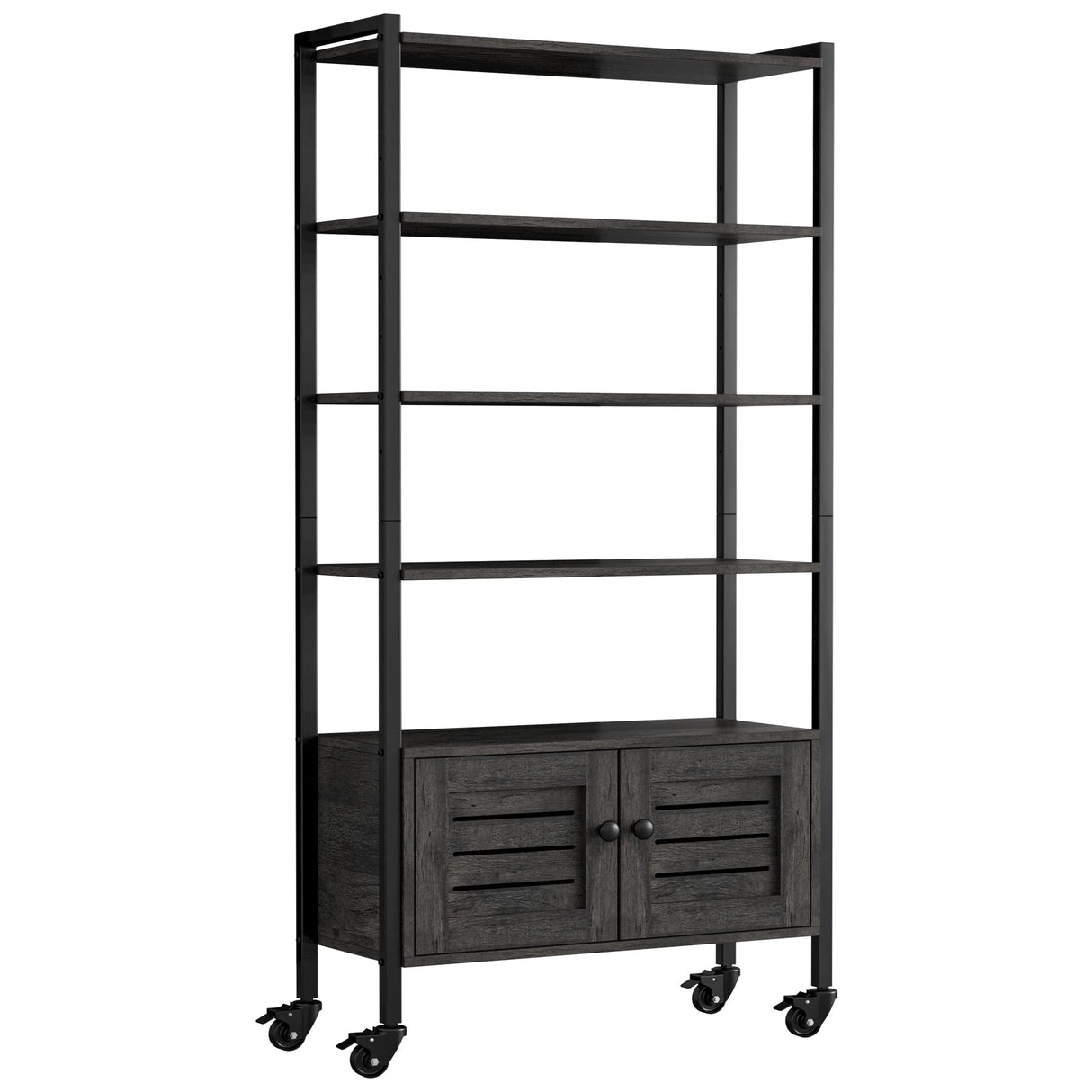 Bookshelf and Bookcase with Two Louvered Doors and Four Shelves, 27.6" Wide Standing