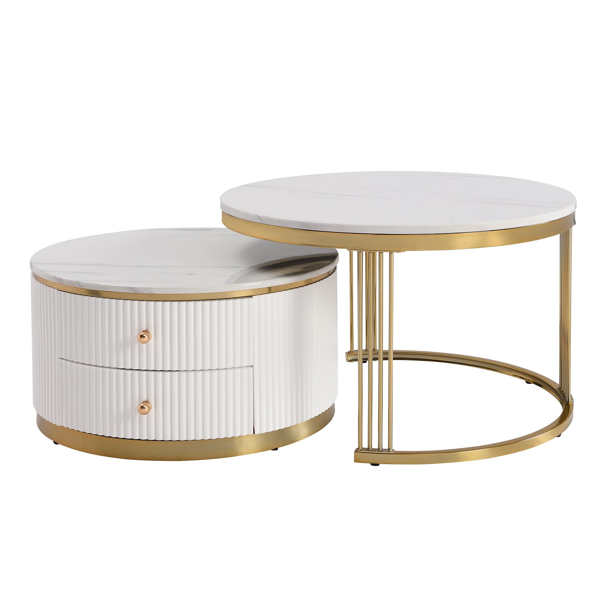 Modern Round Nesting Coffee Tables Set of 2, White with Gold Base