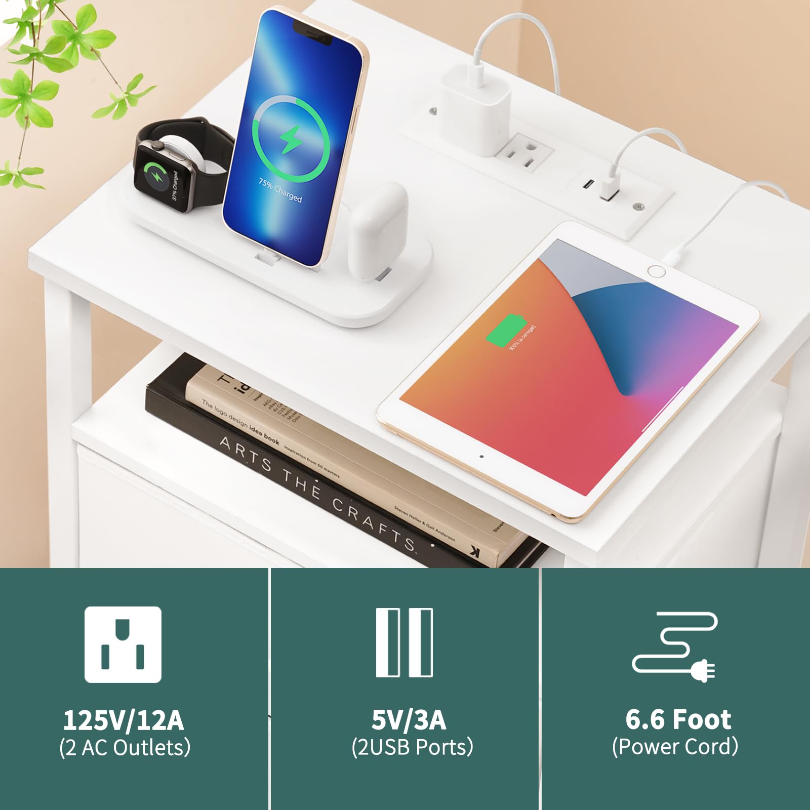 Night Stand with Charging Station, 16 Colors LED Nightstand