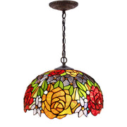 Tiffany Pendant Light - Red Yellow Rose Stained Glass Hanging Lamp 16 Inch