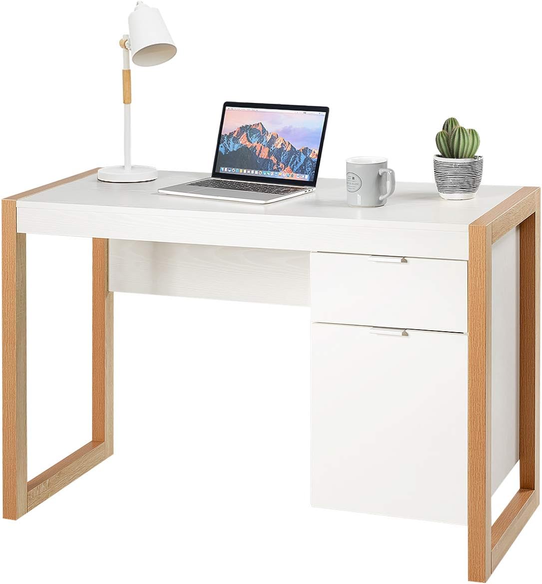 White Desk with Drawer & Cabinet, Wooden Home Office Desk