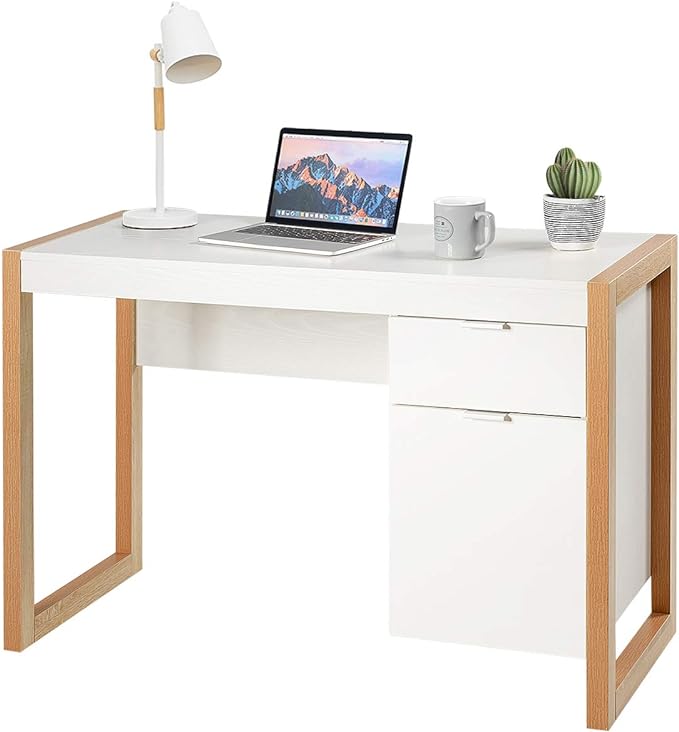 White Desk with Drawer & Cabinet, Wooden Home Office Desk