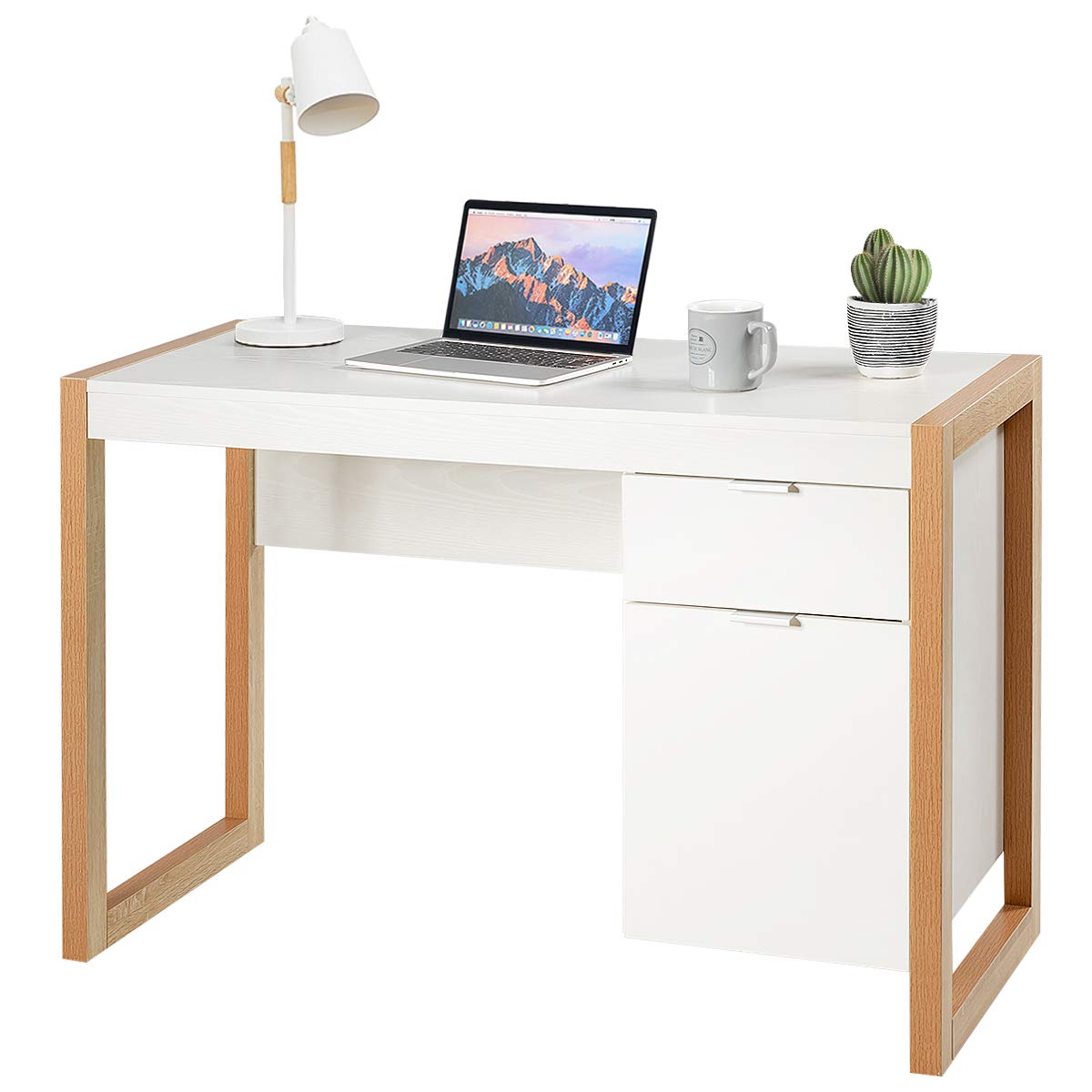 White Desk with Drawer & Cabinet, Wooden Home Office Desk