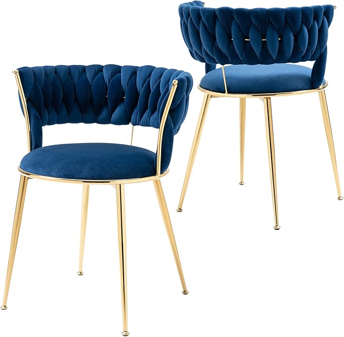 Modern Velvet Dining Chairs Set of 2, Upholstered Living Room Chair with Woven Back and Golden Metal Legs