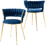 Modern Velvet Dining Chairs Set of 2, Upholstered Living Room Chair with Woven Back and Golden Metal Legs