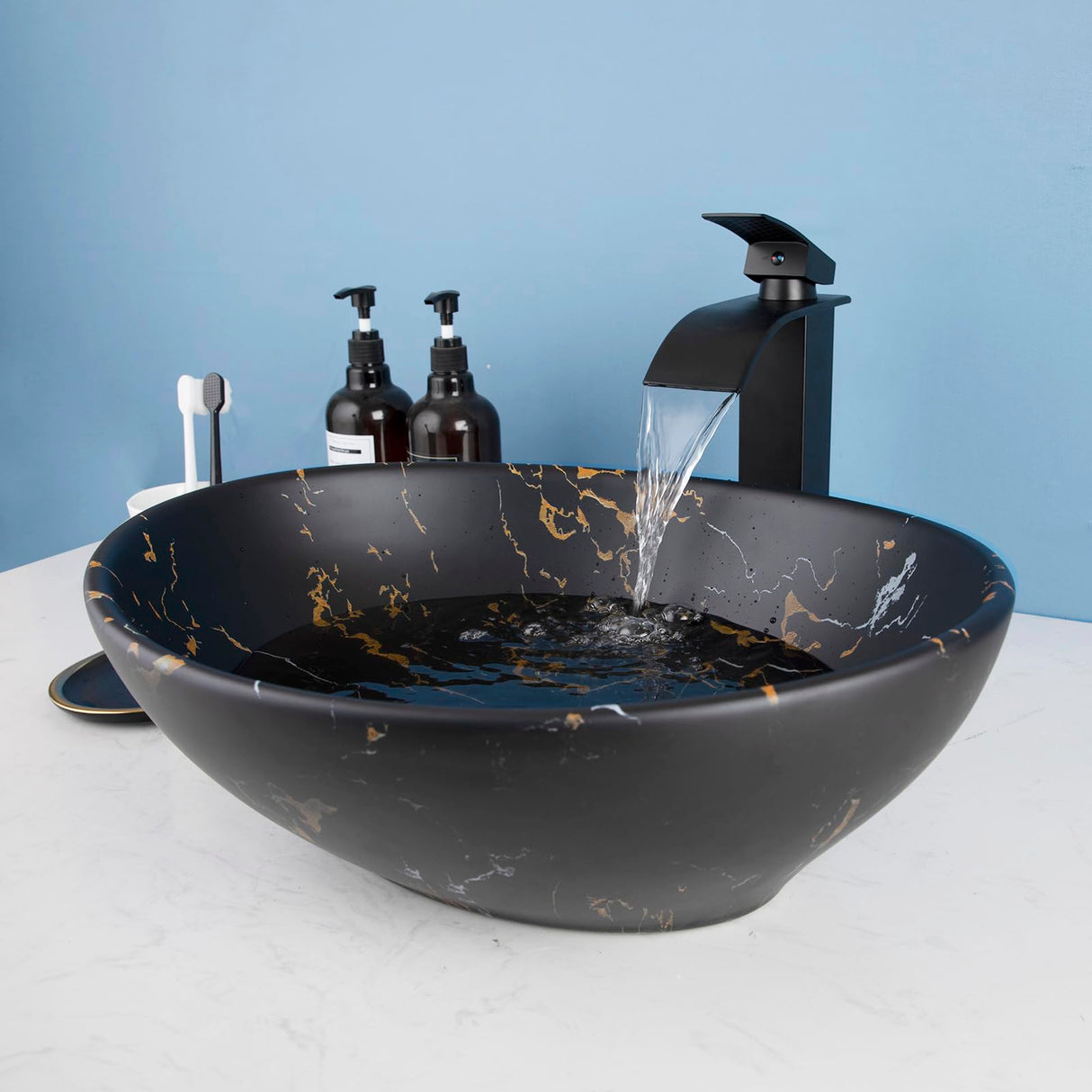 Bathroom Vessel Sink,Oval Ceramic Vessel Sink with Faucet and Pop-Up Drain Combo