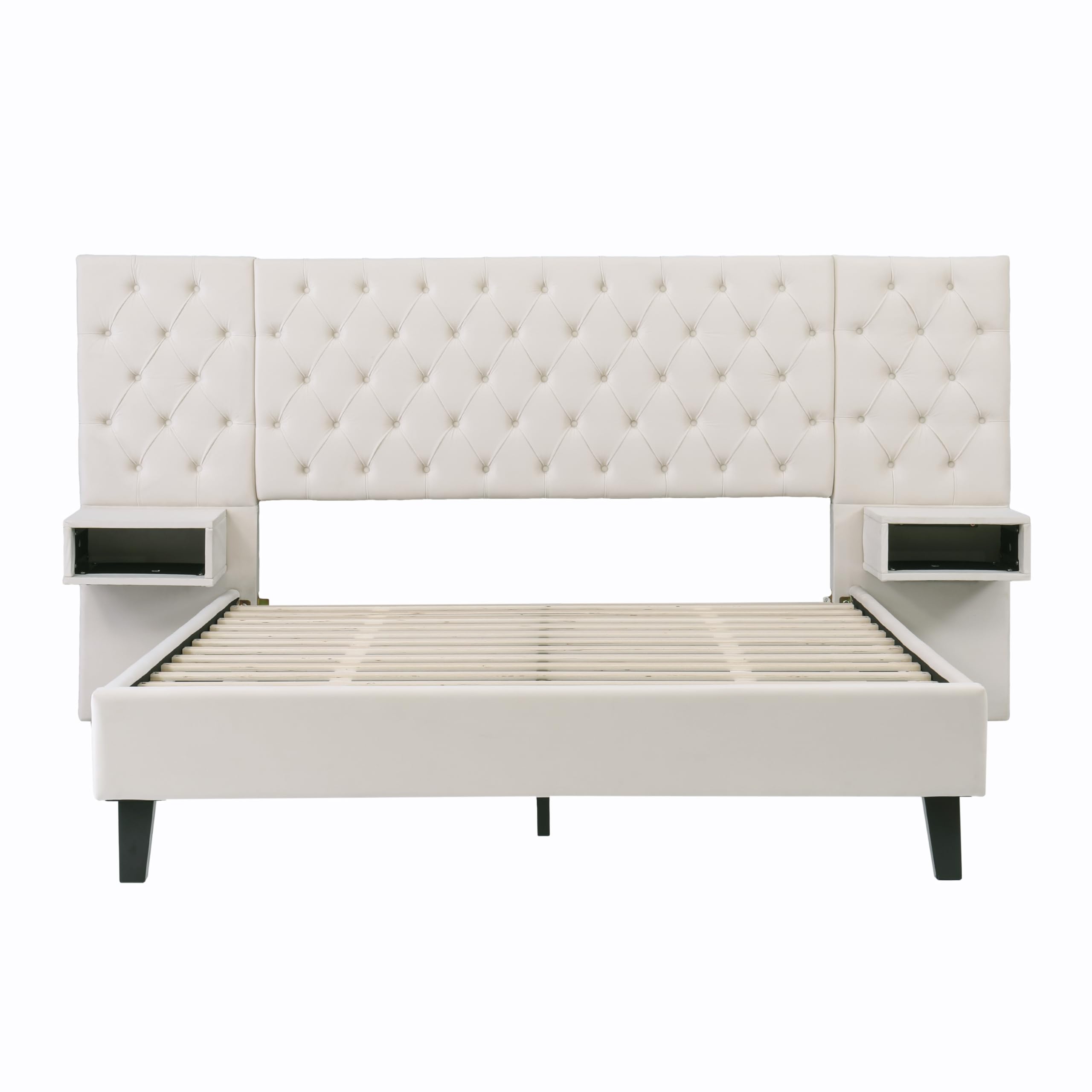 Queen Size Platform Bed with Headboard, Modern Velvet Upholstered