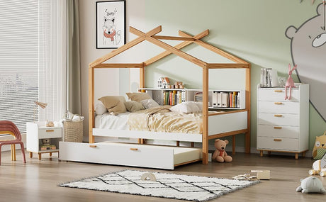 Wooden Kids House Bed, Full Size Trundle and Bookshelf Storage Space