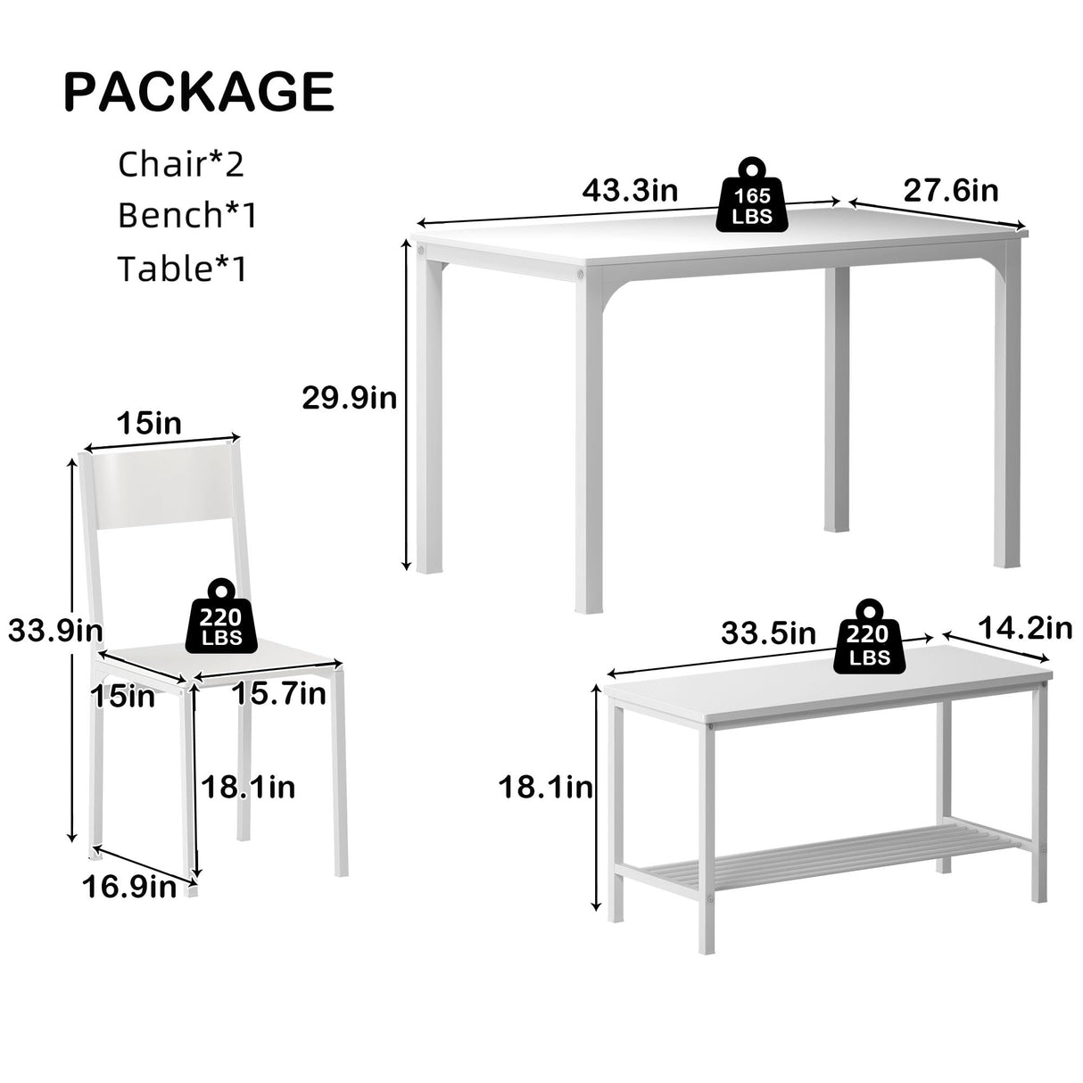 SogesHome 43.3'' Kitchen Dining Table Set for 4, 4 Piece Kitchen Table Bench Chairs Setfor 4, Space-Saving Table Set for Restaurant, Coffee Shop,White