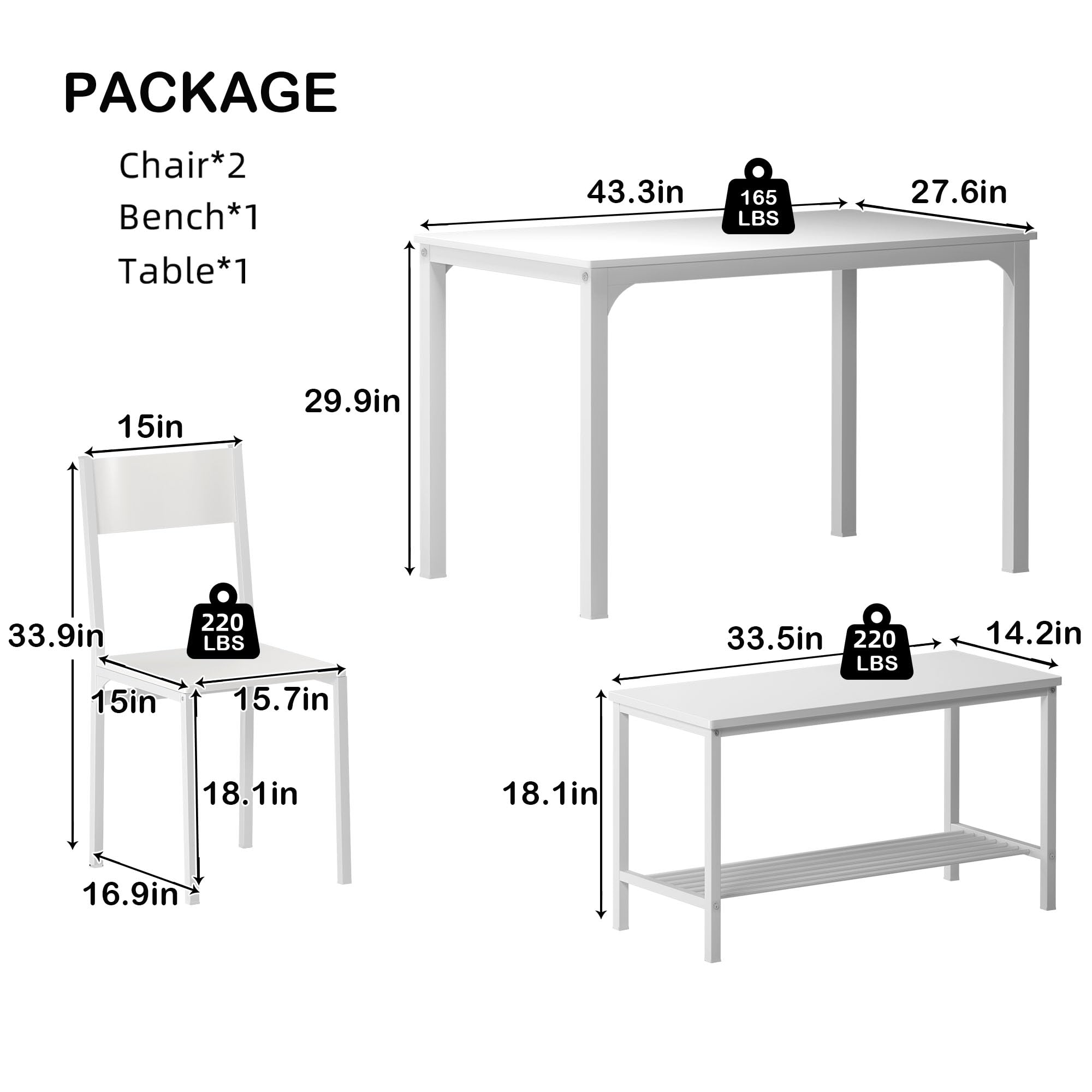 SogesHome 43.3'' Kitchen Dining Table Set for 4, 4 Piece Kitchen Table Bench Chairs Setfor 4, Space-Saving Table Set for Restaurant, Coffee Shop,White