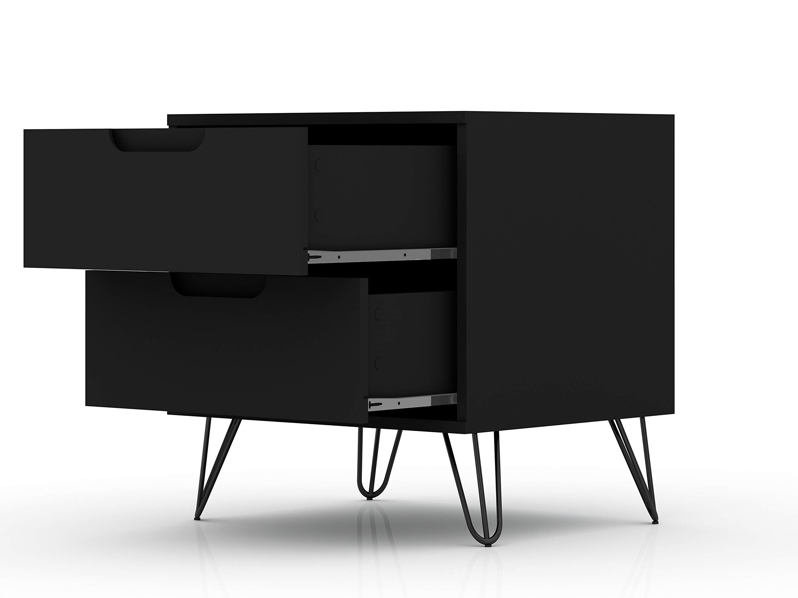 Manhattan Comfort Rockefeller Nightstand with Drawers, Mid Century Modern Bedside Table, Minimalist Display and Storage Organizer, Ideal for Bedroom and Living Room, Black