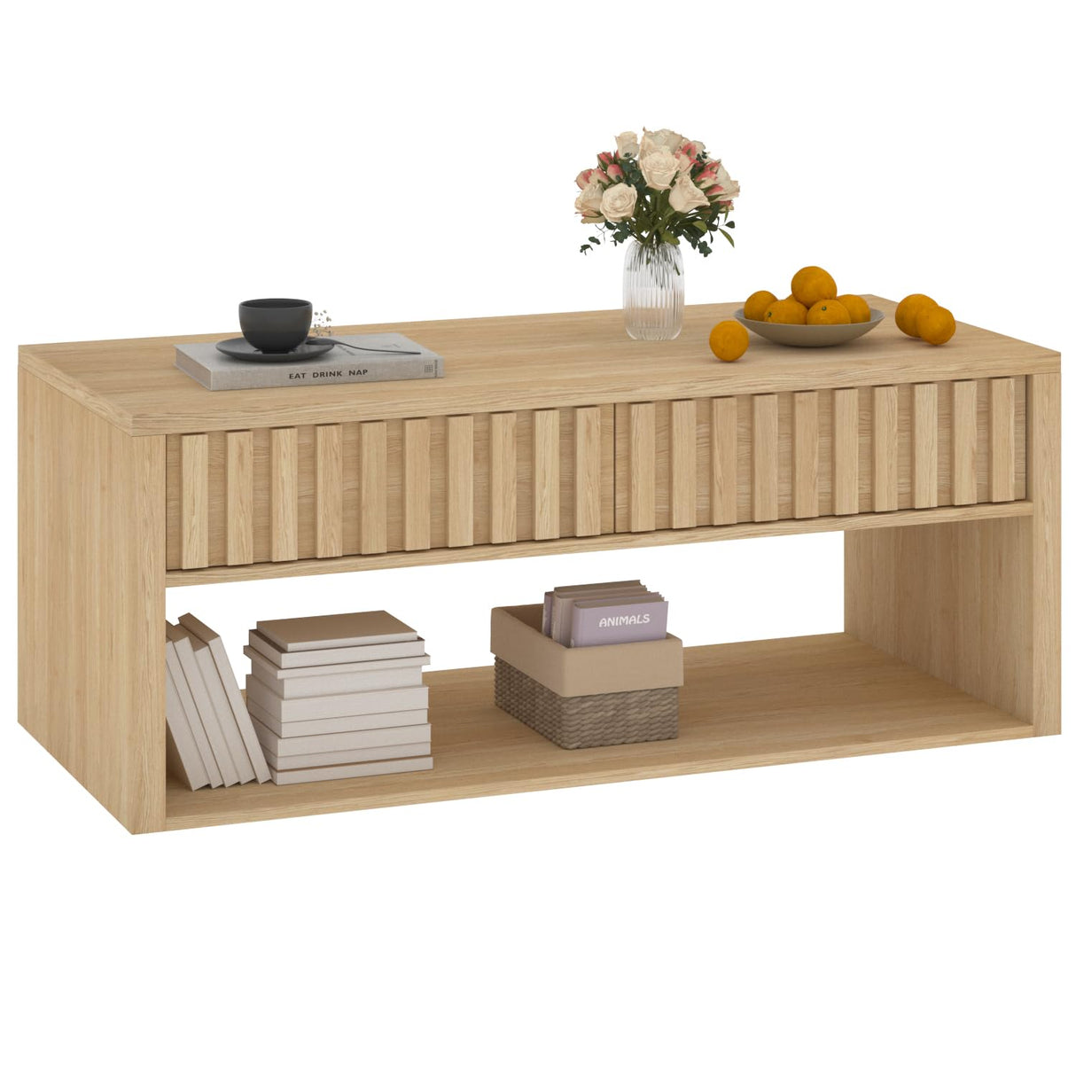 Natural Wood Coffee Table with Storage, 47.2" Coffee Table with 2 Fluted