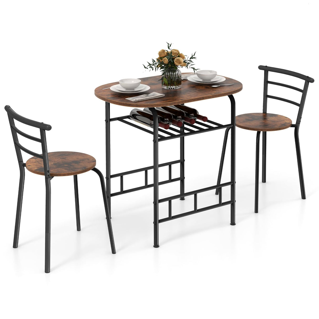 Giantex 3 Piece Dining Set Compact 2 Chairs and Table Set with Metal Frame and Shelf Storage Bistro Pub Breakfast Space Saving for Apartment and Kitchen (Black & Brown)