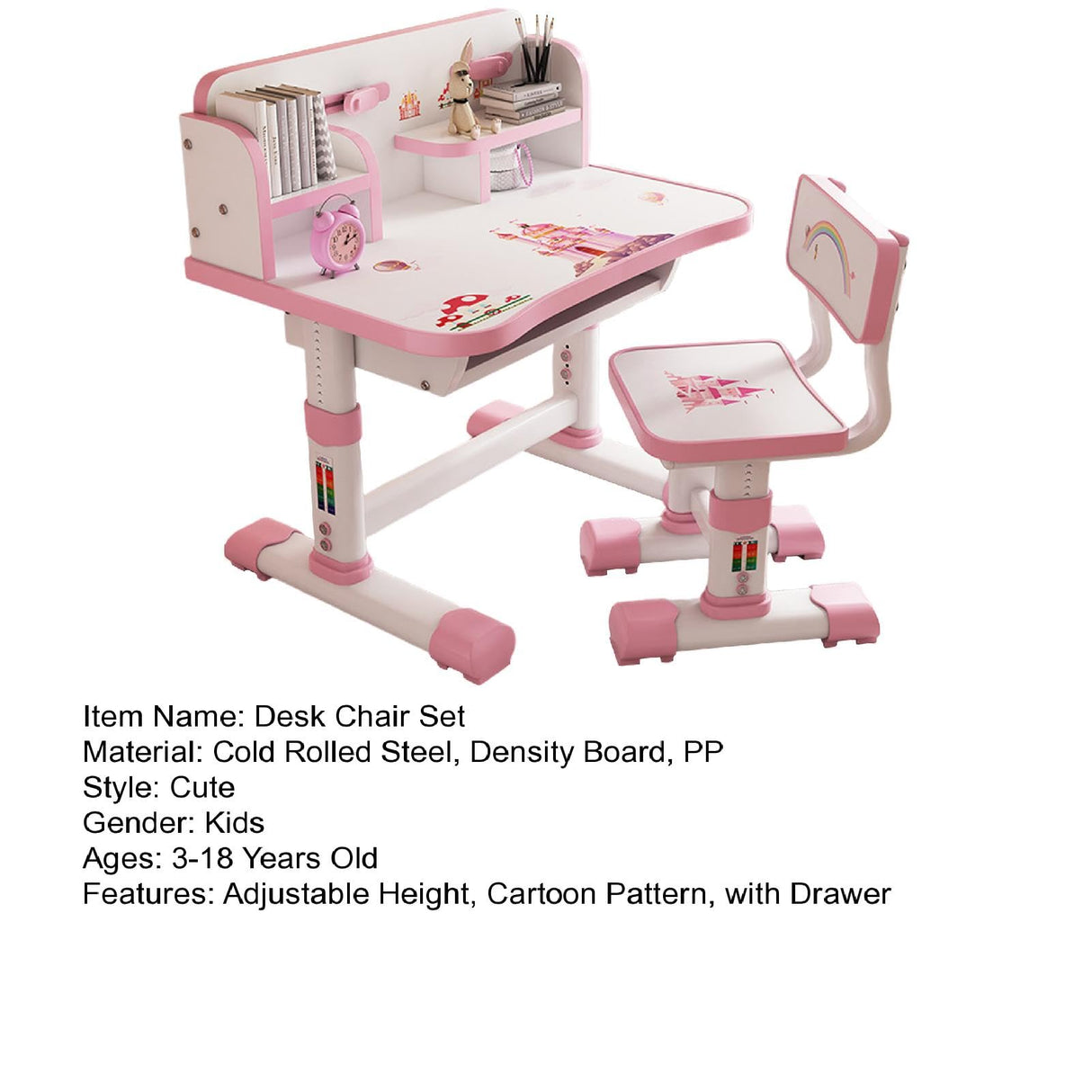 Desk and Chair Set- Height Adjustable Children School Study Desk with Castle Backboard