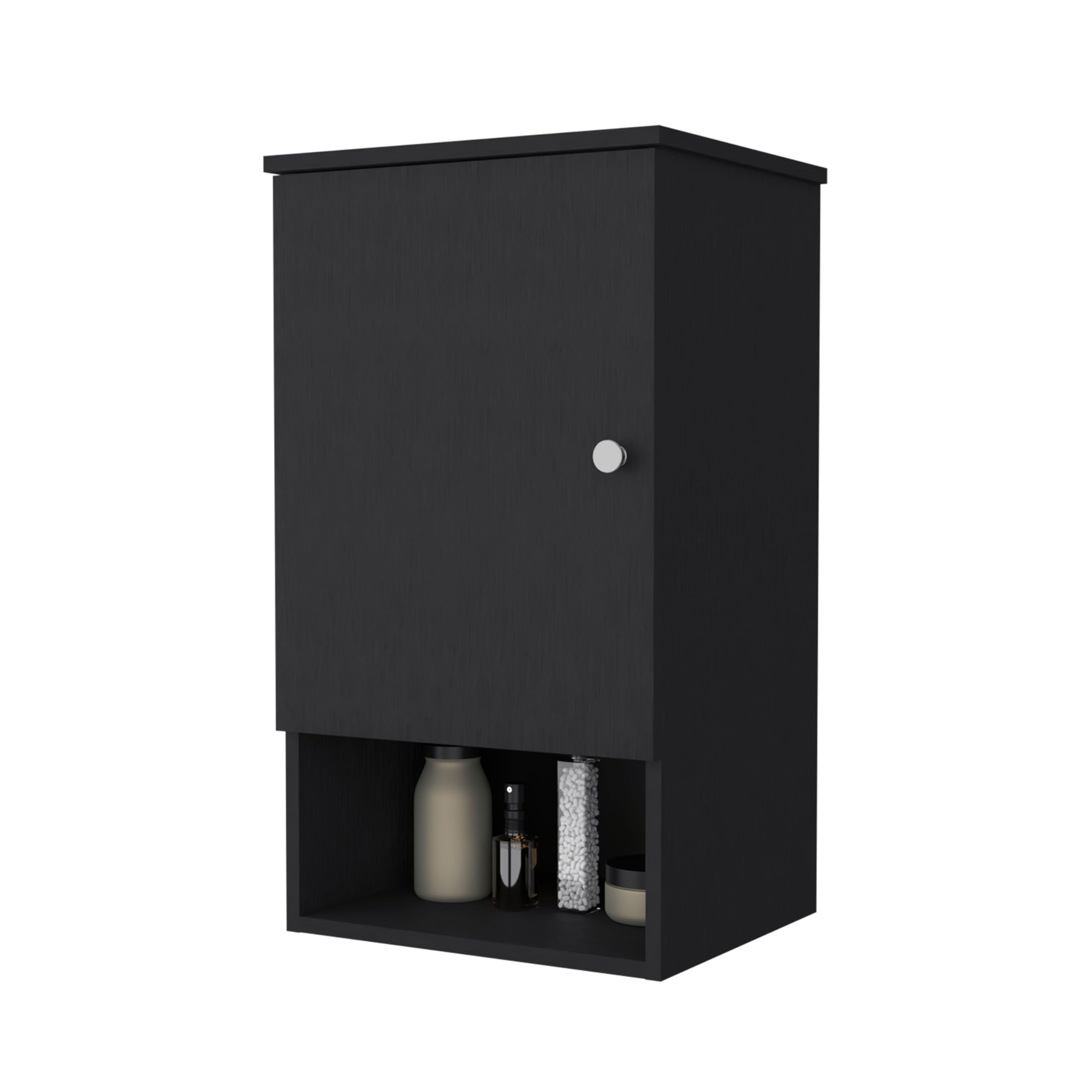 Recessed Medicine Cabinet with One Door, Two Internal Shelves, Black Melamine Finish