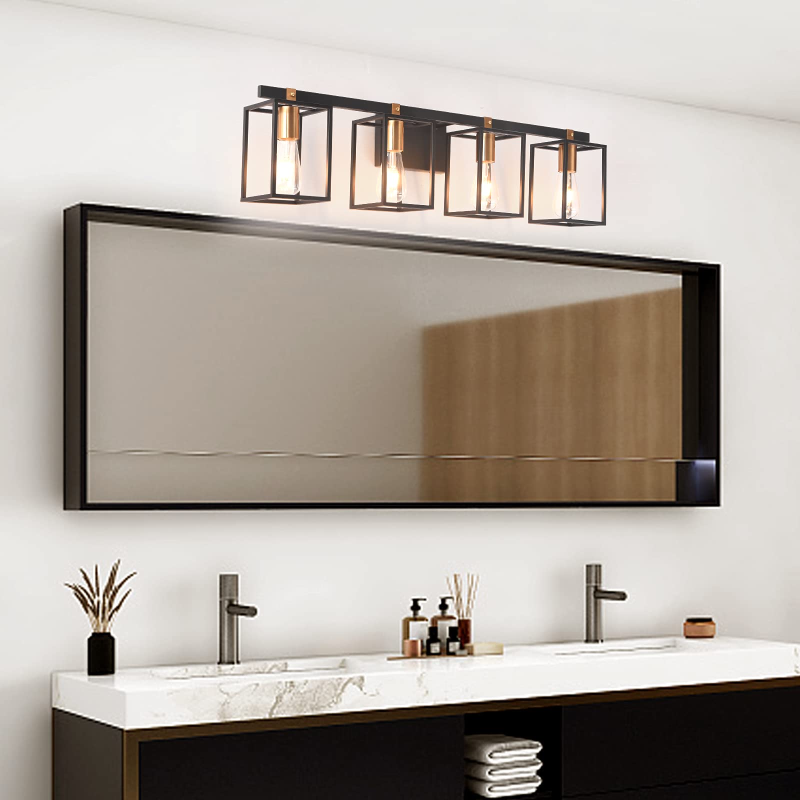 Bathroom Light Fixtures 4-Light Mid Century Rustic Vanity Lights with Black and Gold