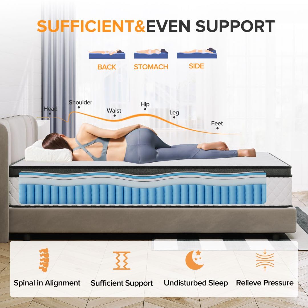 Full Size Mattress, 12 Inch Hybrid Mattress with Individual Pocketed Coil Springs and High Density Foam,