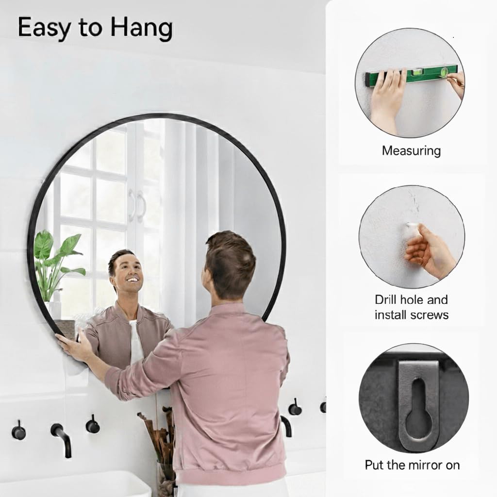 30 Inch Black Round Bathroom Mirror - Modern Metal Frame Wall Mirror