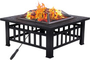32 Inch Outdoor Metal Fire Pit, Square Wood Burning Firepit with Steel Fire Poker and Cover