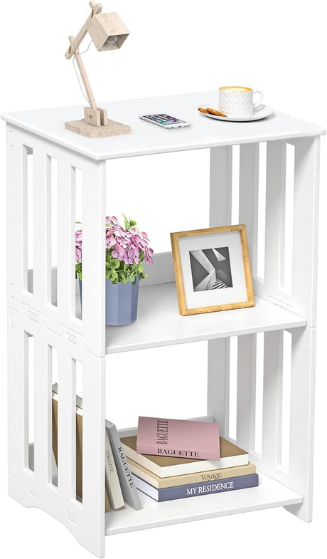 3-Tier End Table Nightstand White, Narrow Side Table with Storage Shelf