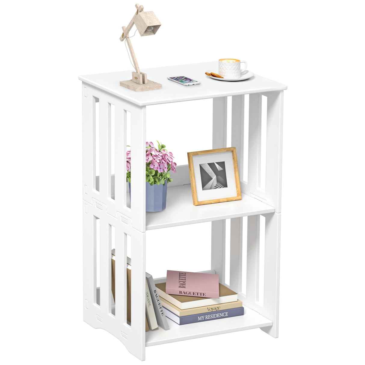 3-Tier End Table Nightstand White, Narrow Side Table with Storage Shelf