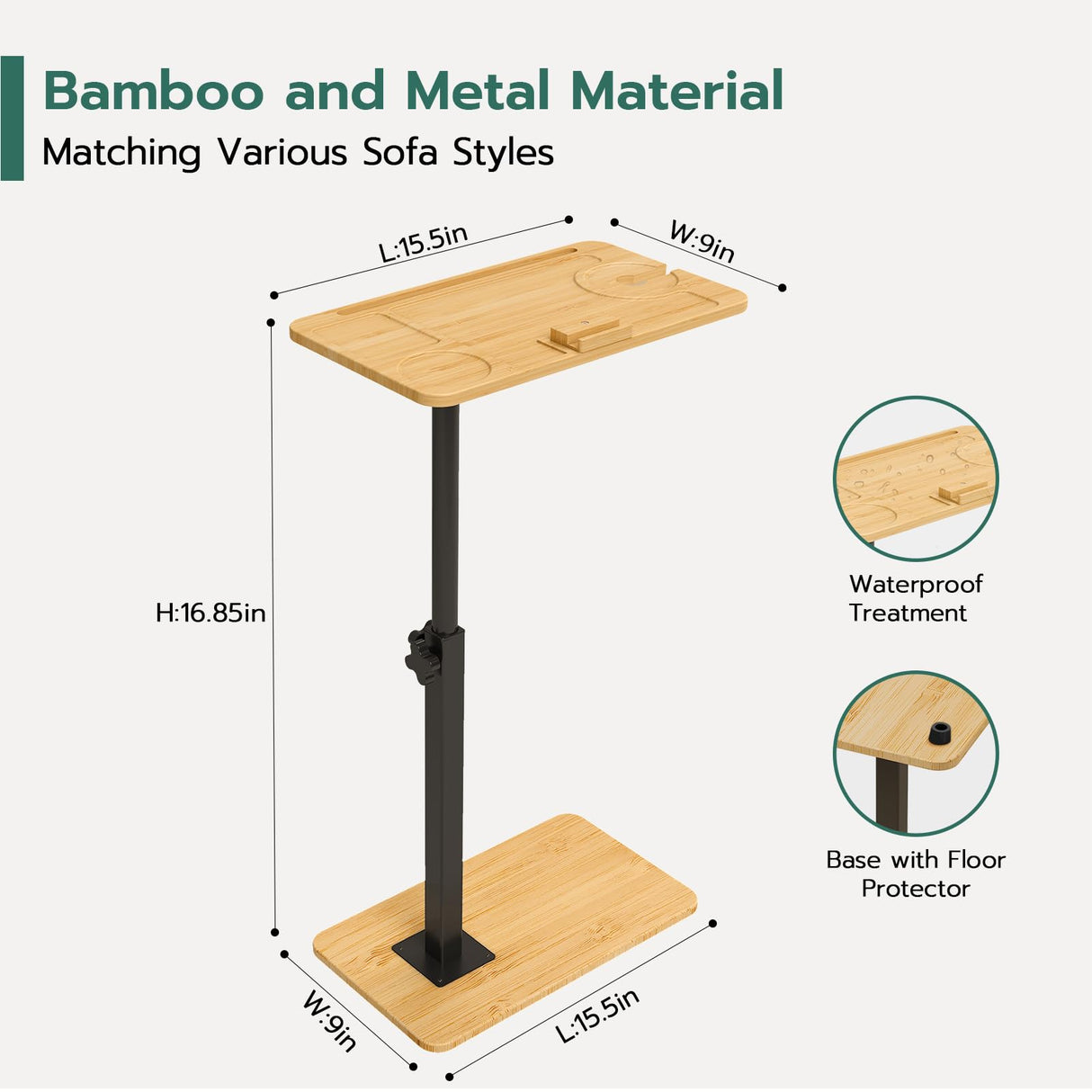 Sofa Tray Table for Couch Arm, Side Table with 360° Rotating Phone Holder