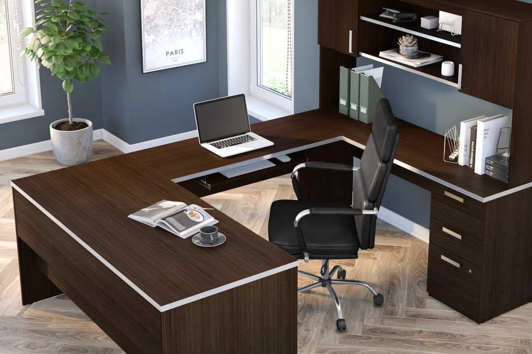 Bestar, Ridgeley Collection, Modern Executive Computer Desk with Pedestal and Hutch