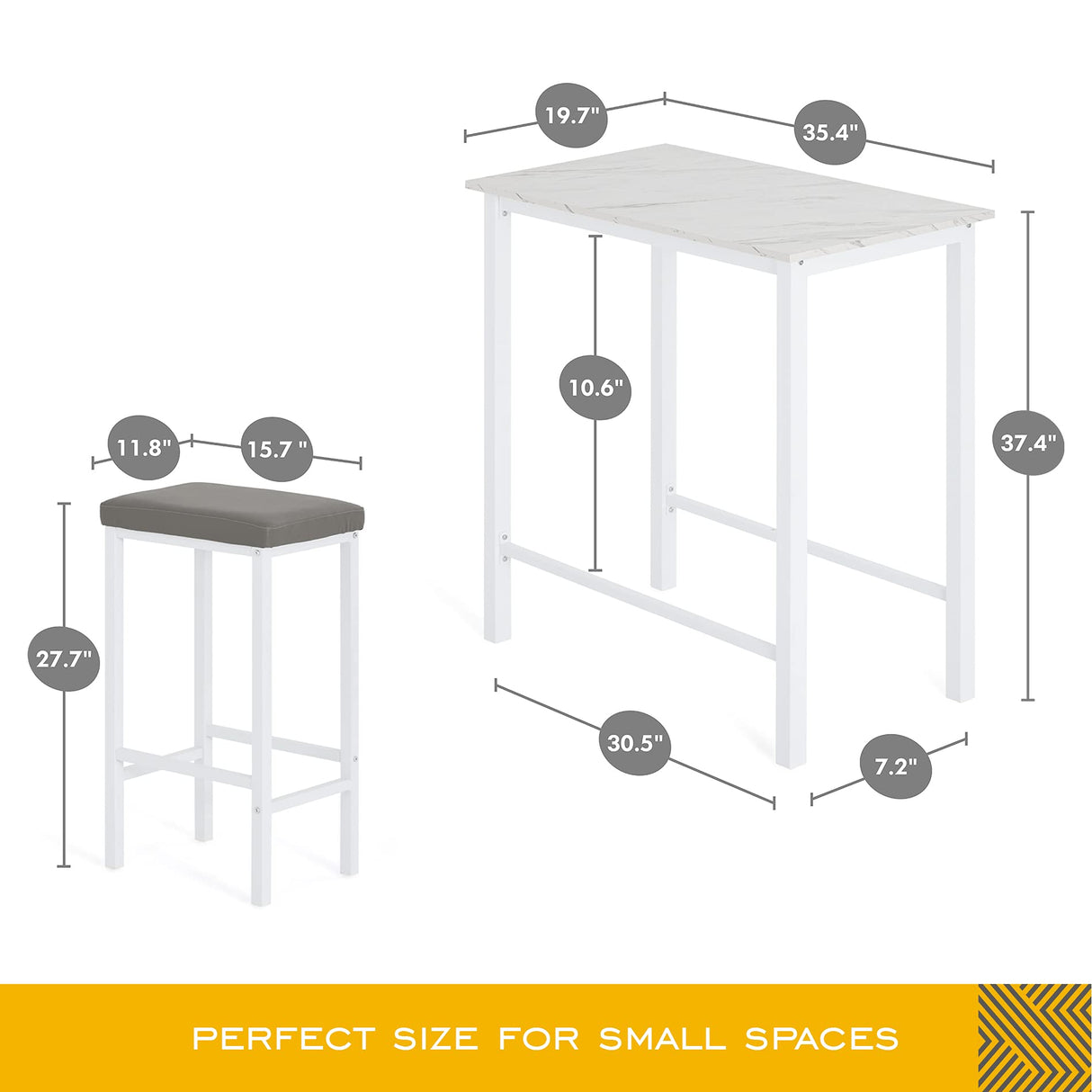 White Bar Height Dining Table Set for 2, 3-Piece Pub Counter Height Tall Kitchen Table