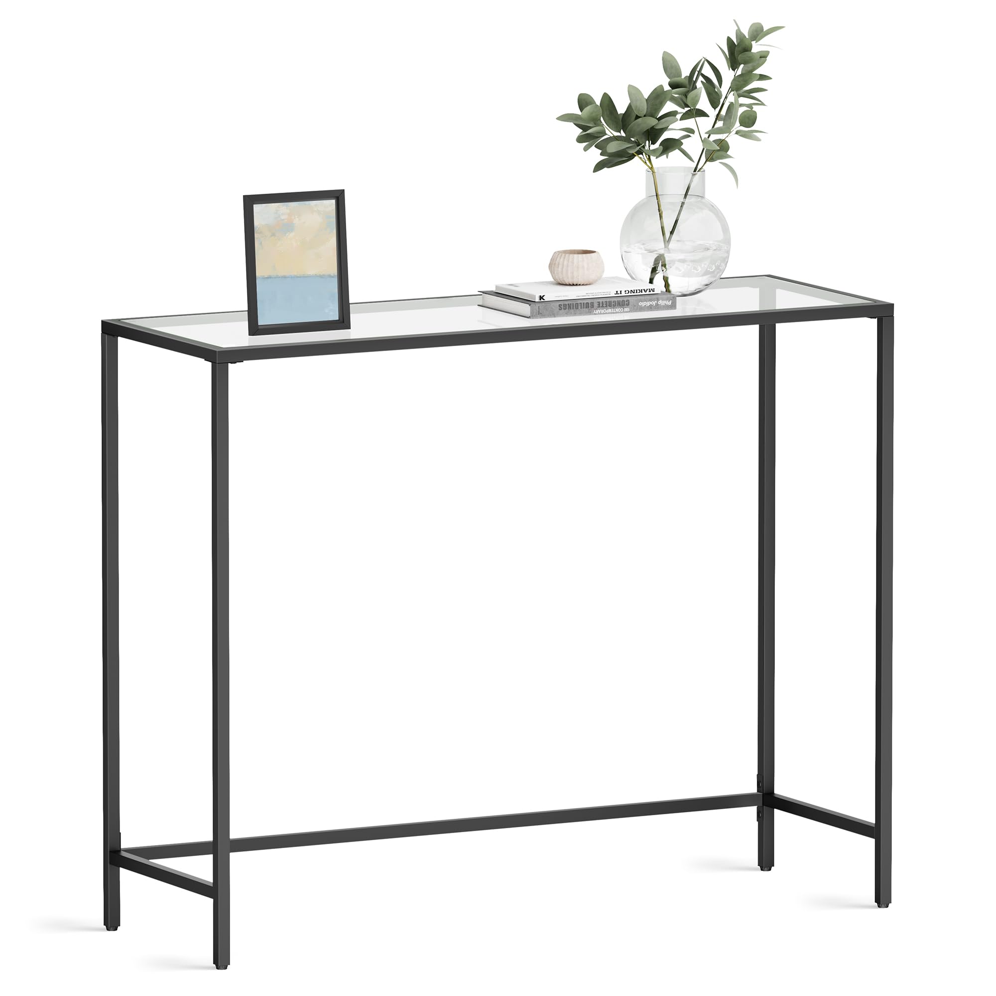 39.4" Tempered Glass Console Tables, Modern Sofa Tables with Metal Frame
