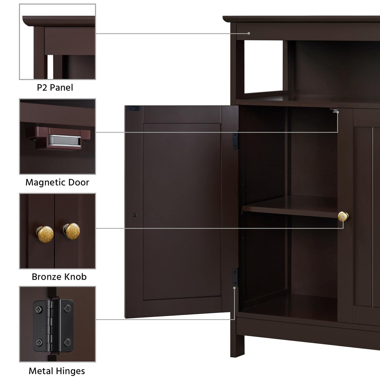 Bathroom Floor Storage Cabinet, Wooden Free Standing Storage Organizer with 2 Doors & Adjustable Shelf for Living Room,