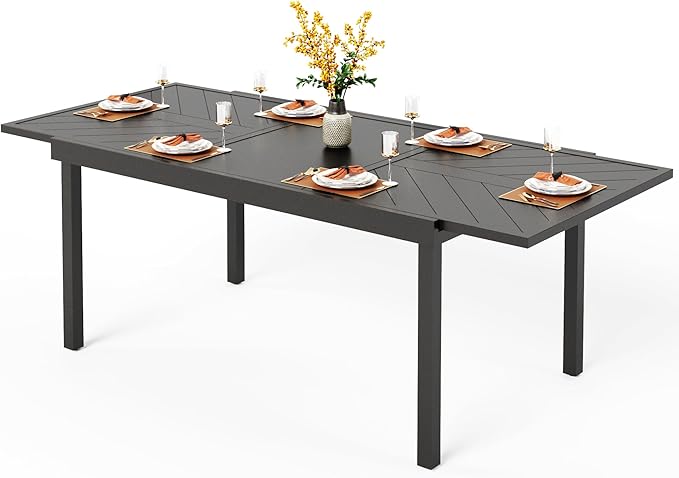 Outdoor Metal Expandable Dining Table, Wood-Like Wrought Iron Extendable
