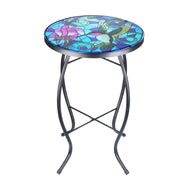 VCUTEKA Mosaic Patio Side Table Outdoor Accent Table Bistro Coffee Table Plant End Table Small Porch Table Indoor Round Glass Balcony Hummingbird Plant Table Stands - Bircata